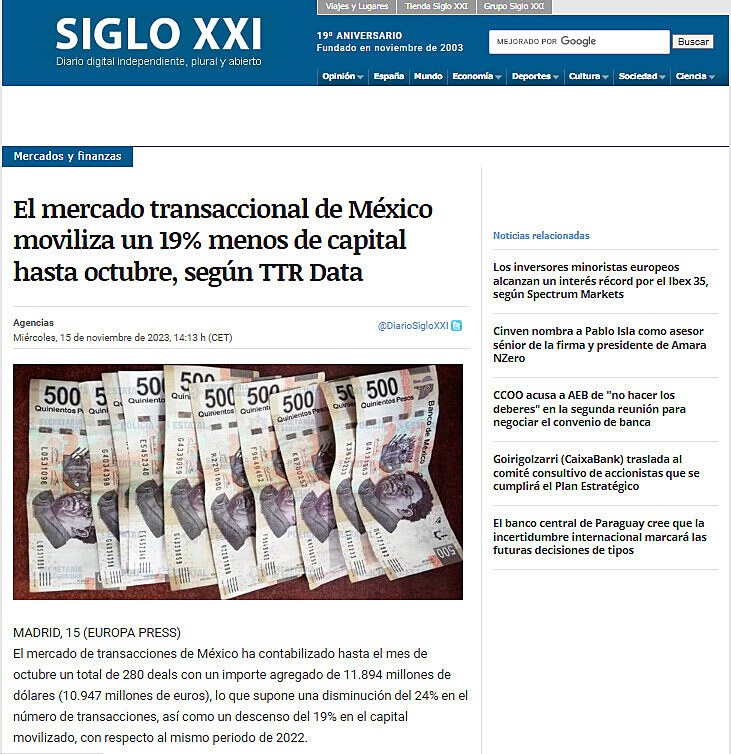 El mercado transaccional de Mxico moviliza un 19% menos de capital hasta octubre, segn TTR Data